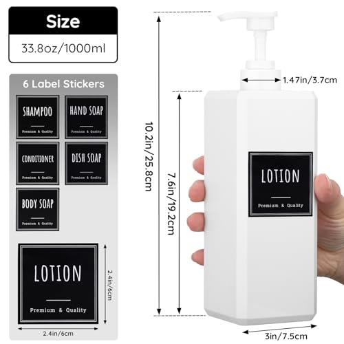 Segbeauty 33.8oz Square Plastic Soap Dispenser Refillable, 3pcs Large Empty Soap Dispenser Bathroom Kitchen, White 1000ml Shampoo Pump Bottle Set, Lotion Body Wash Hand Wash Bottles with Labels