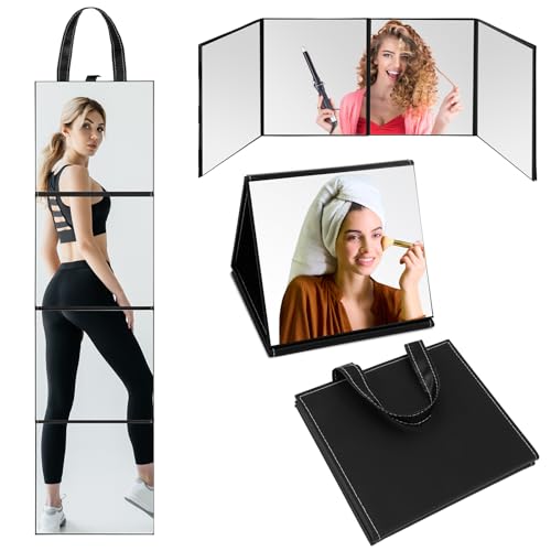 3 Way Foldable Full Length Mirror with Handle 31.89 x 11.22 Inches Leather Portable Camping Travel Hanging Folding Body Mirror for Makeup Dance Home Fitness Spa Hair Styling (Black)