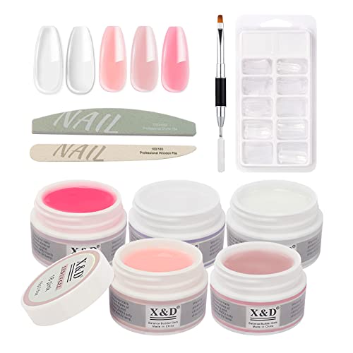 X&D Poly Gel Nail Kit Polygel Quick Dry Natural Clear Polygel 5 Colors Nail Extension Balance Builder with Dual Forms, Brush with Spatula, Professional File and Buffer Set
