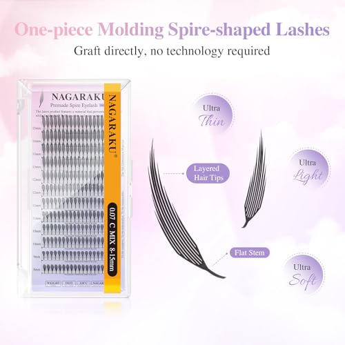 NAGARAKU Premade Spire Eyelash Extensions Air Series Feather Shape Manga Anime Individual Lashes Volume Soft Black Flat Root Spikes Fans Eyelashes DIY Clusters Lash Salon -0.07 D Curl 8-15mm Mix
