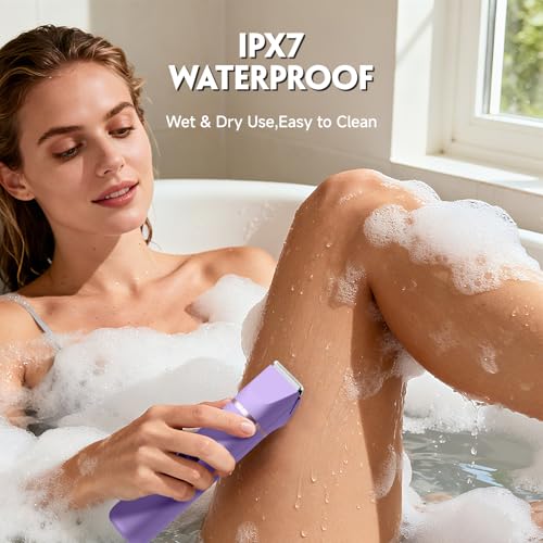 Bikini Trimmer for Women, Tiovara Painless Electric Razors Shaver IPX7 Waterproof Cordless Body Hair Trimmer Pubic Hair Removal with USB Charge Dock for Underarm Leg Arm Body Face Silk Skin (Lilac)