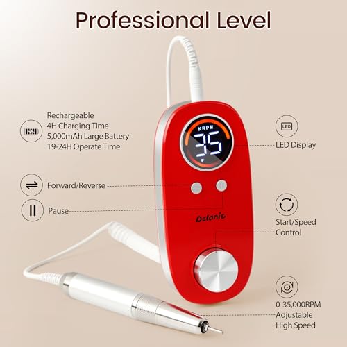 Delanie Rechargeable Nail Drill for Acrylic and Gel Nails 35000 RPM, Efile Nail Drill Professional with 5000mAh Battery, Portable Electric Nails Drill with Coreless Motor for Manicure Pedicure, Red