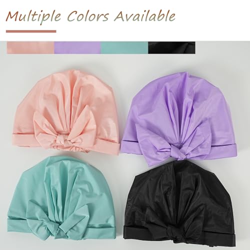 Shower Cap for Women Reusable Waterproof, Large Satin Shower Bonnet, Washable Bath Hat for Long Hair, Braids, Curly Hair, Pink + Black