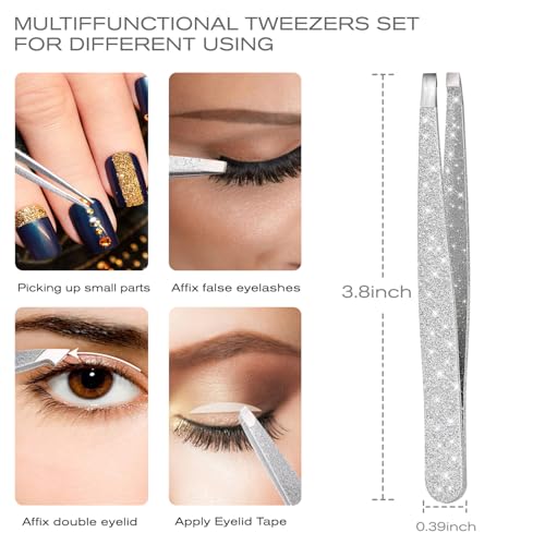 4-Pcs Glitter Stainless Steel Precision Tweezer Set for Eyebrows, Ingrown Hair & Lash Extensions (Bright Silver)