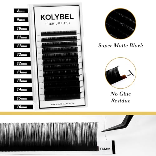 KOLYBEL Classic Lash Extensions 0.05 C CC D DD J B L Curl 8-16mm Mixed Lash Trays Premium Silk Eyelash Extensions Matte Dark Lash Extension for Professional Salon Use (0.05-B-8-16mm)