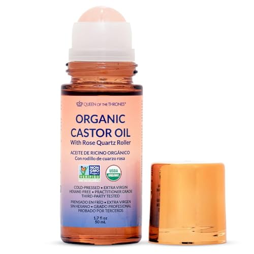 QUEEN OF THE THRONES¢ç Organic Golden Castor Oil Roll-On with Rose Quartz | 100% Pure for Skin, Brows & Lashes and less mess Castor Oil Packs | Hexane-Free | USDA Certified | Cold-Pressed 1.7oz (50mL)