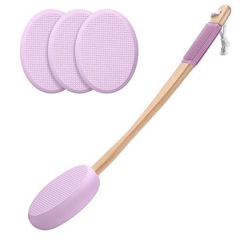 AmazerBath Purple Lotion Applicator for Back, 4 Replaceable Pads with 1 Long Handled and 6 PCS White Lotion Applicator Replacement Pads, Apply Cream Medicine Skin Cream Moisturizer Sunscreen Tanner