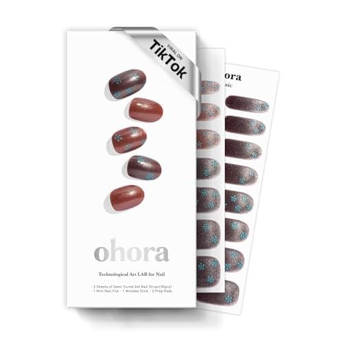 ohora Semi Cured Gel Nail Strips (N Evening Flora) - Works with Any Lamps, Salon-Quality, Long Lasting, Easy to Apply & Remove - Includes 2 Prep Pads, Nail File & Wooden Stick
