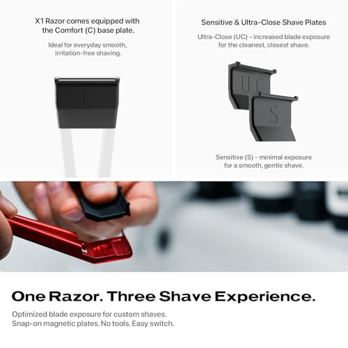 HYPE X1 Aluminum Single Edge Safety Razor Set - Magnetic Comfort (C), Sensitive (S) & Ultra-Close (UC) Shave Settings, 20 Non-Proprietary Blades - Adjustable Shaving Razors For Men and Women - Red