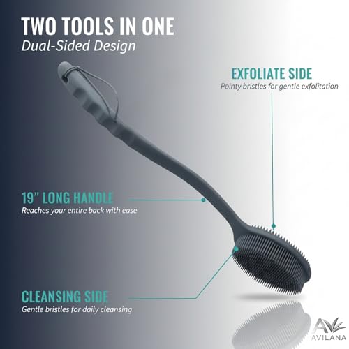 Avilana Premium Back Scrubber Long Handle 19 Inch - Trusted Since 2017 - SGS Certified Silicone Bath Brush, Dual Sided Exfoliating Body Brush Extended Reach Back Washer Women Men Seniors Gift
