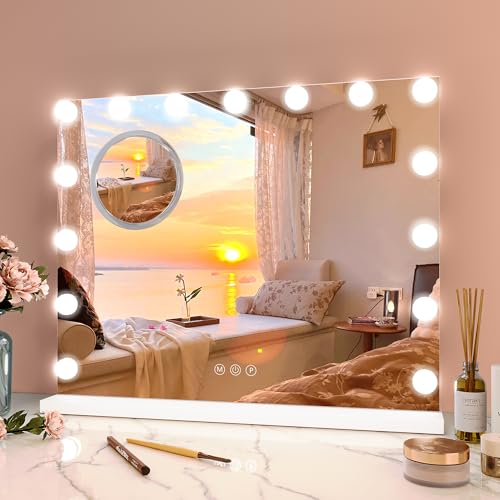 GAOMON Makeup Mirror with Lights, Multifunctional Smart Touch Vanity Mirror with 15 Dimmable LED Lights and 3 Lighting Modes, 3X Magnification, Tabletop or Wall Mount, Dressing Room/Bedroom