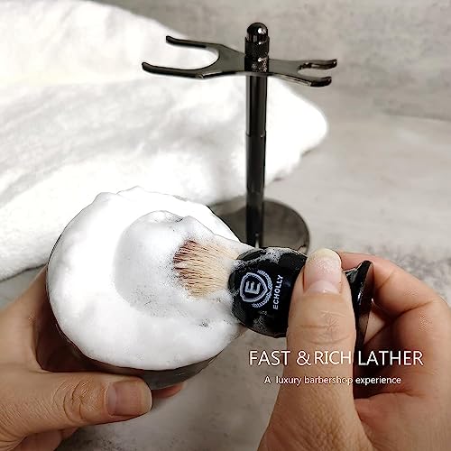 3 in1 Premium Shaving Brush Kit for Men Includes Vegan Badger Synthetic Hair Shaving Brush,Stainless Steel Shaving Soap Bowl,Heavy Safety Stand for Mens Gift (Deluxe Black)