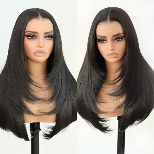 U&A Ua Hair Glueless Natural Black Straight Layered Wig Wear and Go 9x7 Lace Front Synthetic Wig Pre style Pre Plucked Pre Cut Vivid Self-growing Hairline Tiny Knots Premium Fiber 22Inch