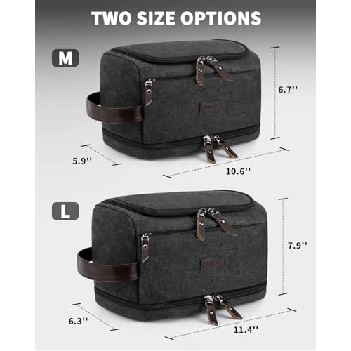 ZOMFELT Toiletry Bag for Men, Dual Layers Canvas Travel Toiletries Bag, Water-Resistant Travel Organizer with Elastic, Large Capacity Dopp Kit, Hanging Shaving Hygiene Bag, Black, L