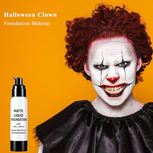 Clown White Face Paint, White Liquid Foundation Full Coverage Matte Flawless Finish Foundation for Goth Clown Makeup,Daily,Cosplay, Halloween Makeup