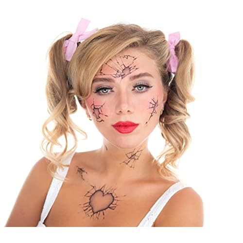 2 x Broken Doll Temporary Tattoo Halloween Costume for Men and Women, Adult, Face Sticker