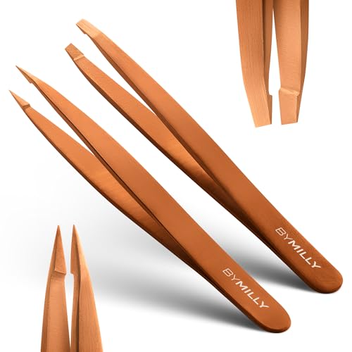 Precision Tweezers Set | Titanium Series | Slanted and Pointed Tip Tweezers Kit | Aligned & Hand-Filed Tweezer Set Professional | Hair Removal & Eyebrow Tweezers | Rose Gold