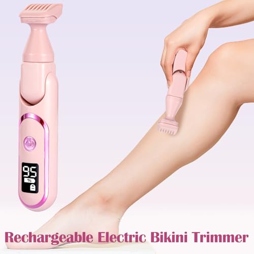 Bikini Trimmer for Women, 5 in 1 Rechargeable Electric Razors Waterproof Wet/Dry Use Body Hair Trimmer for Women & Men Pubic Hair, Private Area, Legs, Face, Nose, Eyebrow, Body (Pink)