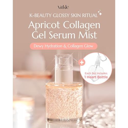 Apricot Collagen Gel Serum Mist Korean Face Moisturizer Spray - 8 Layer Hyaluronic Acid and Bakuchiol - Heart Shape Clear Keychain Refillable Travel Portable Bottle, 3.38oz
