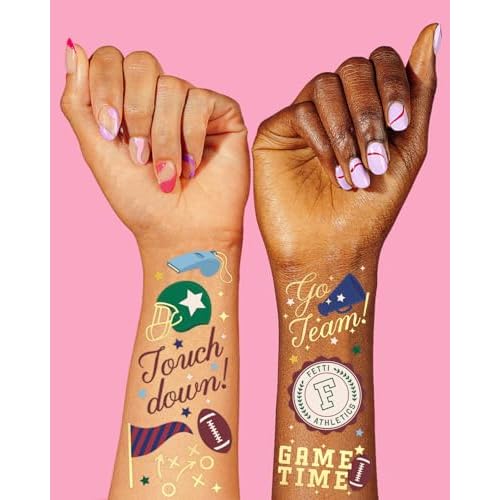 xo, Fetti Football Temporary Tattoos - 64 Gold Foil Styles | Game Day Birthday Decorations, Tailgate Supplies, School Sports Party Favor, Kids Party Favor, College