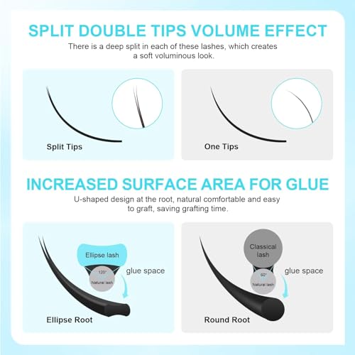 NAGARAKU Double Tips Ellipse Eyelash Extensions Lighter Thinner Split Tips Flat False Lashes 5 Trays in 1 Pack 0.15 D curl 11/12/13/14/15mm Soft Faux Mink Individual False Lash 16 Rows