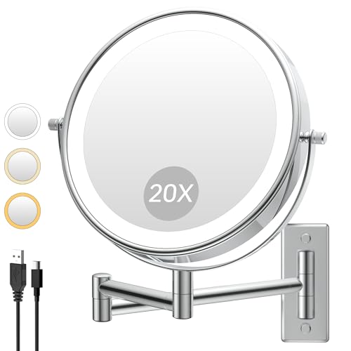 1X/20X Wall Mounted Makeup Mirror with Lights, 8" Double Sided Bathroom Magnifying Mirror with 360¡Æ Extension Arm, Dimmable, Rechargeable, Touch Control, Chrome