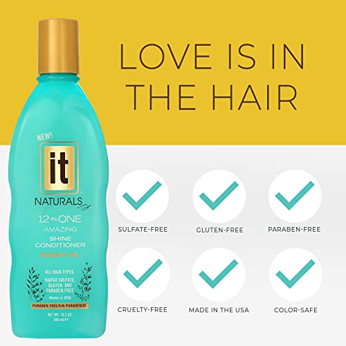 IT Naturals Argan Oil 12-In-One Amazing Shine Conditioner, 10.2oz - Repairs, Protects & Strengthen Hair Split Ends & Breakage - for All Hair Types - Moisturizing & Volumizing - Paraben Free