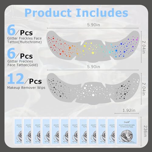 12pcs Holographic Rainbow & Silver Glitter Freckles Face Tattoo, Waterproof Sparkle Face Glitter Speckles Patches for Women, Cute Star Temporary Tattoo Fairy Makeup Accessories for Rave