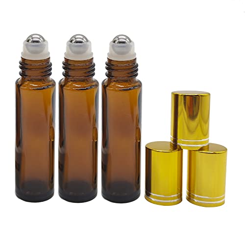 24 Pack Essential Oil Roller Bottles, 10ml Amber Glass Roll-on Bottles with Stainless Steel Roller Balls and Gold Cap