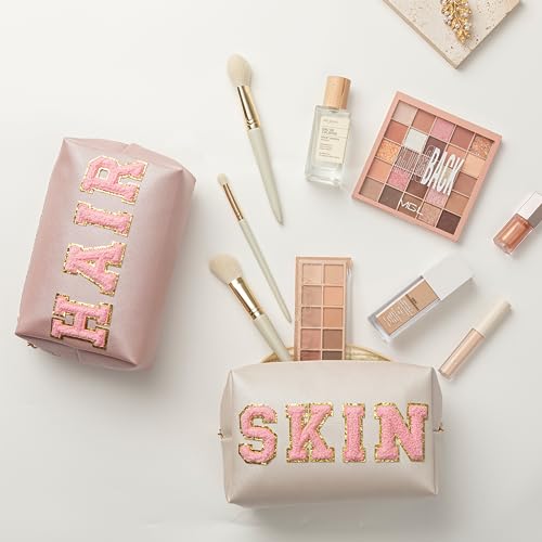 HBselect Preppy Makeup Bag 6 Pcs Travel Toiletry Bag Chenille Letter Patch Makeup Bag Portable Cosmetic Bag for Women PU Leather Waterproof Organizer Make up Bag for Women Girls