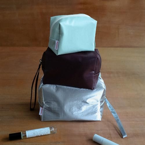Soft Square Pouch | Lightweight Nylon Cosmetic & Accessory Bag with Strap | 3 Sizes 3 Colors (Brown, S+M+L SET (3 Pcs))