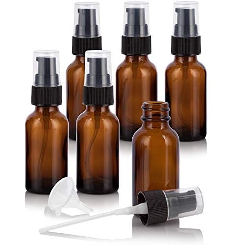 JUVITUS 1 oz / 30 ml Amber Glass Boston Round Bottle with Black Treatment Pump (6 Pack) + Funnel Refillable Empty Storage Containers