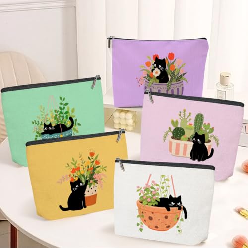 5 Pack Floral Succulent Cat Gifts for Women Gifts for Cat Lovers Makeup Bag, Cosmetic Bags for Women, Pet Cats Mom Girls Friends Friendship Bachelorette Toiletry Bag Christmas Birthday Graduation