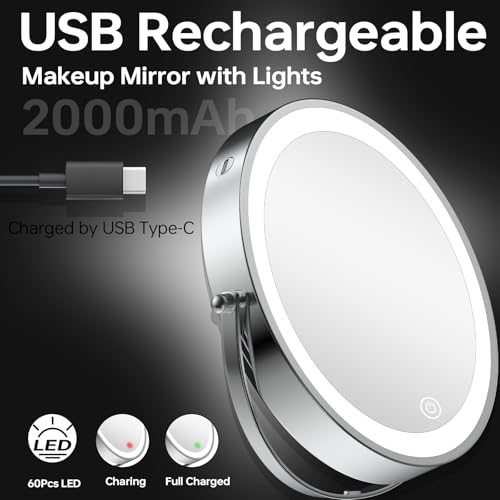 1X/20X Wall Mounted Makeup Mirror with Lights, 8" Double Sided Bathroom Magnifying Mirror with 360¡Æ Extension Arm, Dimmable, Rechargeable, Touch Control, Chrome