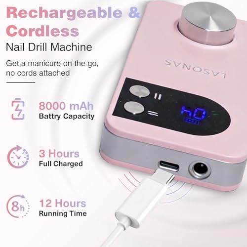 Electric Nail Drill Machine Professional, 40000 RPM Cordless Nail File Low Noise, Portable Rechargeable Nail Drill with Bits Kit for Acrylic Gel Nails Manicure & Removal