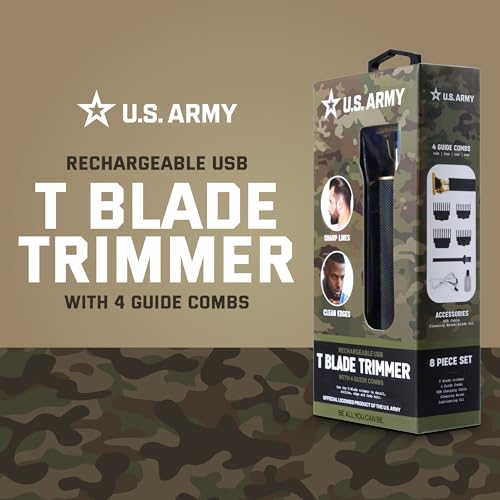 U.S. Army Electric Razor for Men, Hair and Beard Trimmer, T-Blade Clippers, Cordless Rechargeable Shaver with 4 Guide Combs