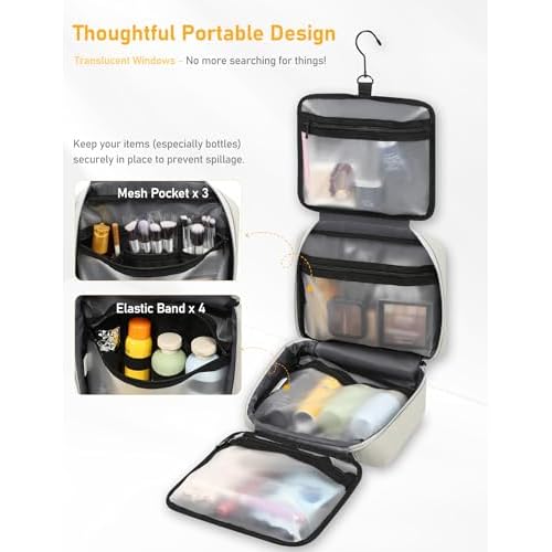 Travel Hanging Toiletry Bag for Men Women Wash Bags Water-Resistant Organiser Makeup Cosmetic Bag Foldable Large Capacity Travel Sized Toiletries with 5 Compartments (Silk Grey, Medium)