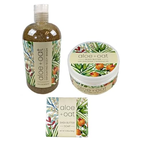 Greenwich Bay Trading Company Botanical Collection: Aloe + Oat Gift Set Bundle - 6.35oz Wrapped Bar Soap + 16oz Body Wash + Body Butter