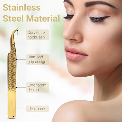 Lash Tweezers for Eyelash Extensions with Diamond Grip, Japanese Stainless Steel, Set of 3 - Great Precision for Classic, Volume & Mega Volume, Premium 45 Degree Curved Set for Women (Gold)
