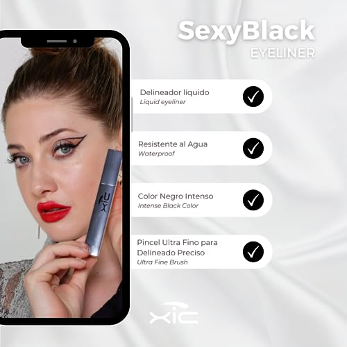 XiC Glam. Liquid Eyeliner, Intense Black Color, Waterproof and with Ultra Fine Brush. XiC Sexy Black Eyeliner, 0.24 fl oz.