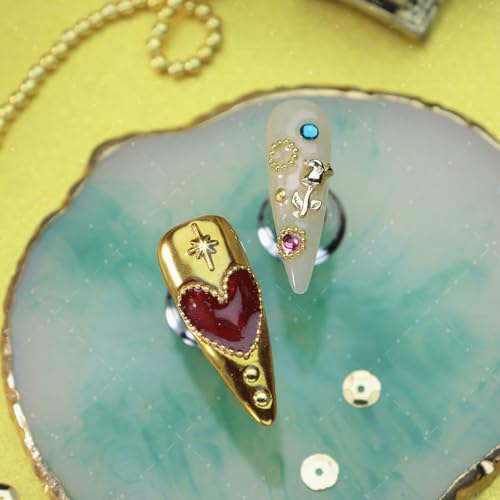 Press on Nails Retro Medium Almond 3D Fake Nails Reusable Luxury Handmade False Nails with Design GEM Charms Gold Snake,Press ons Muti-Layer Acrylic Handmade Nails for Wome Manicure(Size L)