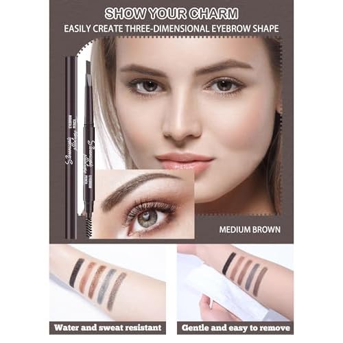 6 Pack Medium Brown Eyebrow Pencil, Waterproof Eye Brow Pencils for Women- Dual-Ended with Spoolie Brush and Triangular Tip for Easy Defining, Natural Fill, Long-Lasting Brows, Sweatproof