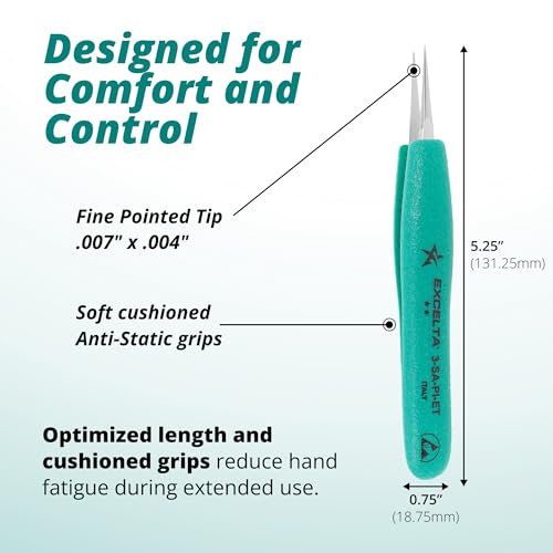 Excelta Ergo-Tweeze 3-SA-PI-ET Precision Tweezers, Straight Very Fine Tip, ESD Safe TealShield Grips, Anti-Magnetic 316L Neverust Stainless Steel, 5.25" OAL for Electronics, Lab, Cleanroom, Forensics