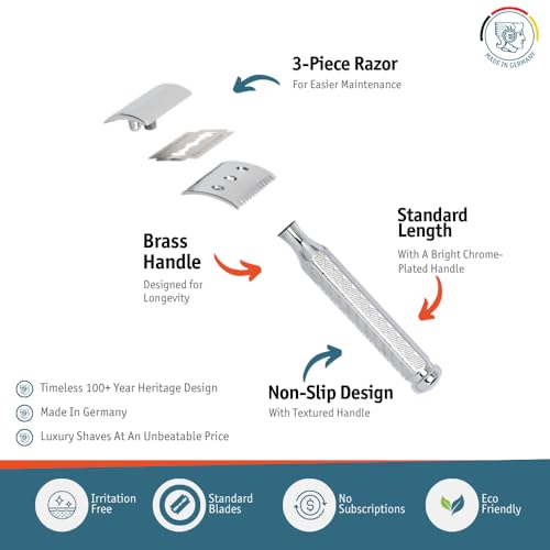 MERKUR 41C Double Edge Safety Razor, Open Tooth Comb, Three-Piece Design, Standard Handle, Bright Chrome Finish, Made in Germany