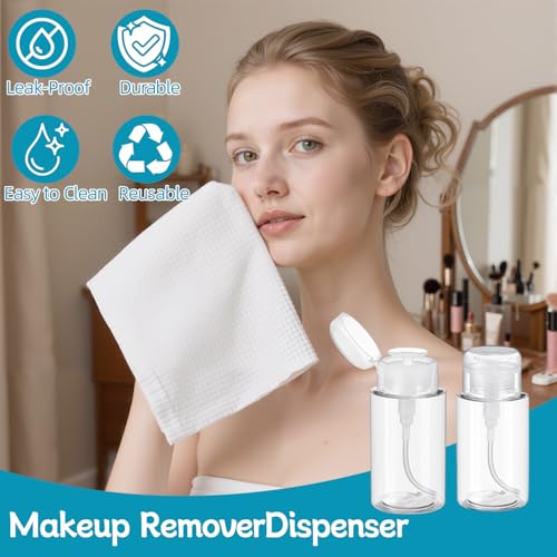 24 Pcs Push Down Pump Dispenser, Lockable Empty Refillable Bottles for Nail Polish Remover, Acetone & Makeup Remover, 6.8oz/200ml Clear Cosmetic Container with Labels