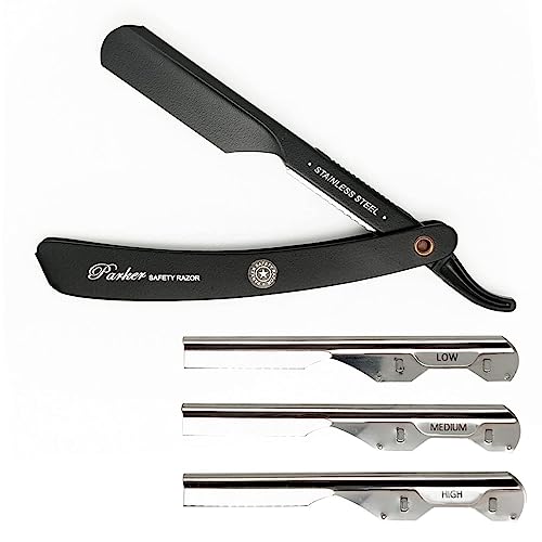 Parker PTABK Adjustable Stainless-Steel Barber Razor | 3 Blade Exposures (Low/Medium/High) | Straight Shavette with 5 Premium Platinum Refills | Black Stainless Steel Handle
