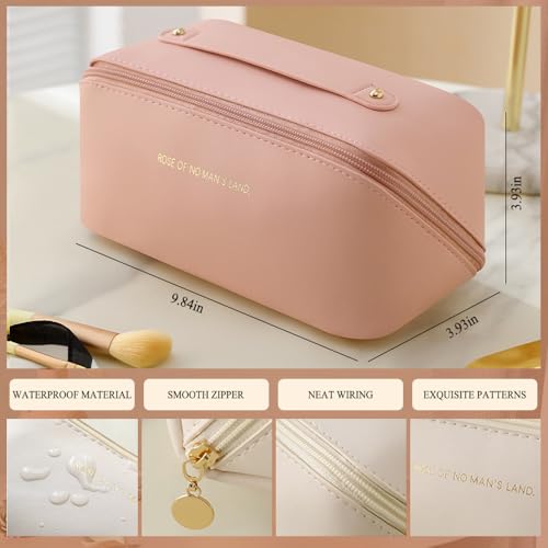 Makeup Bag Cosmetic Bag,Portable Pouch Open Flat Toiletry Bag Make up Organizer with Divider, Handle and small cosmetic bag Travel Essentials (Rouge)