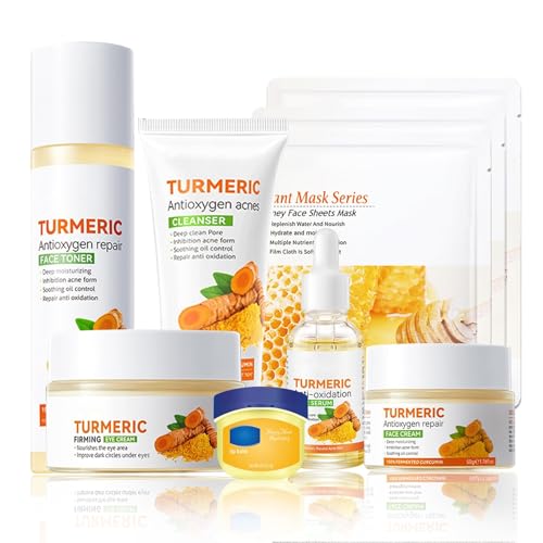 9 Pcs Turmeric Skincare Set with Moisturizing Facial Cleanser,Toner,Face Serum, Facial Cream, Eye Cream,Travel Size Lip Balm and 3 Hydrating Face Sheet Masks Skin Care Set