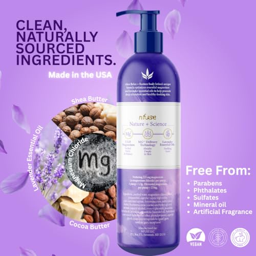 nfuse Magnesium Lotion - 225 mg USP Magnesium Chloride, Lavender Essential Oils, Fast Absorbing, Calming, Stress Relief & Muscle Relaxation - Natural Body Lotion, 8 oz