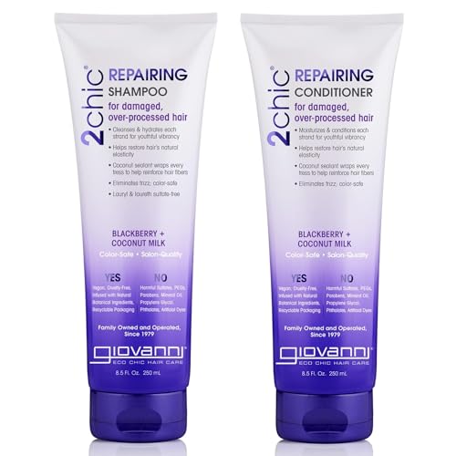 GIOVANNI 2chic Ultra-Repairing Shampoo & Conditioner Set - Bond Repair for Over-Processed Hair, Helps Restore Natural Elasticity, Blackberry & Coconut Oil, Shea Butter, Color Safe - 8.5 oz Each